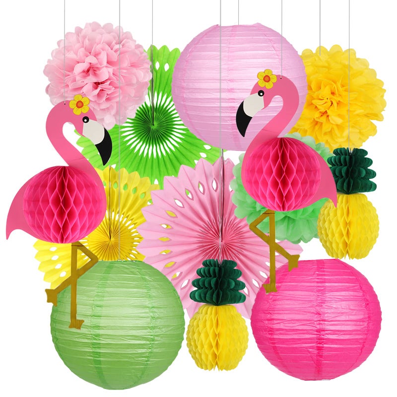 YUNXUAN Flamingo Party Supplies, Hawaiian Party Decorations Flamingo and Pineapple Honeycomb Ball Paper Lanterns Paper Fans Pom poms Flowers for Birthday Luau Tropical Bachelorette Party - Image 1